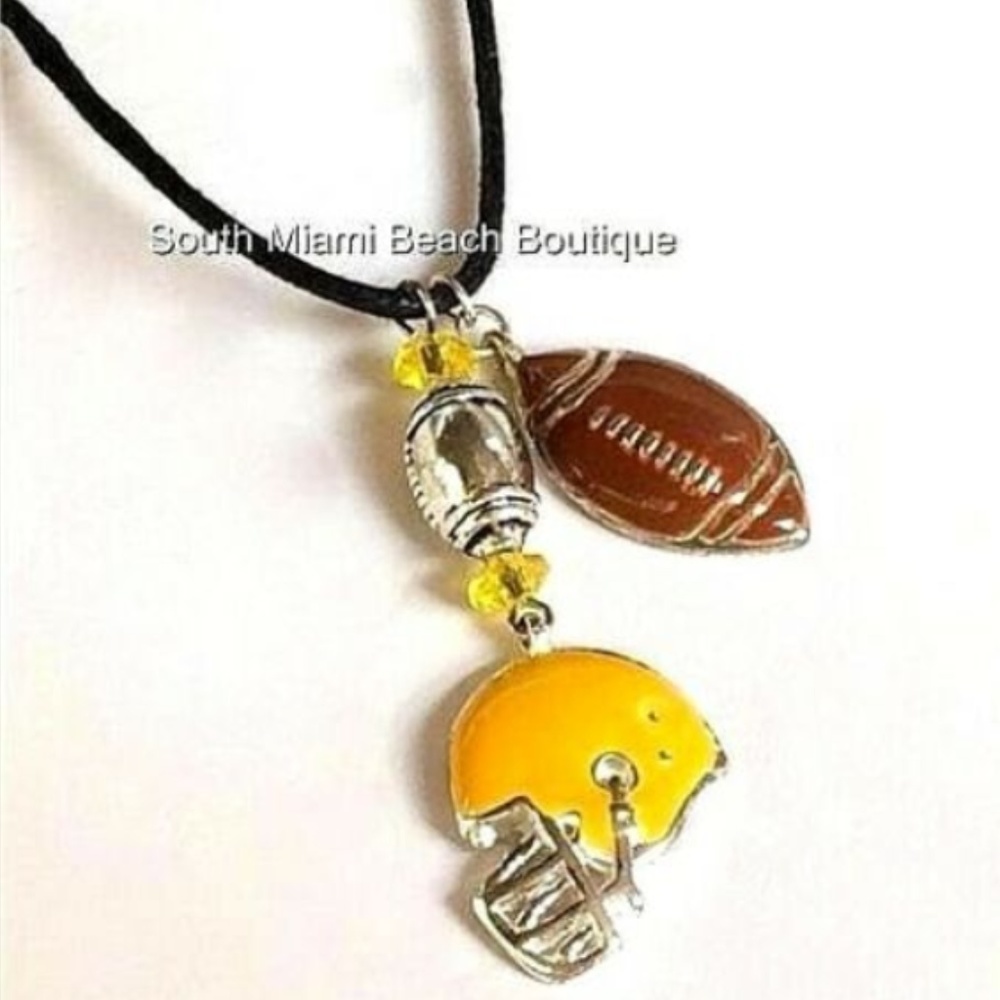 Football Sports Mom Necklace Yellow Helmet Packers Steelers Team Ball Black Cord